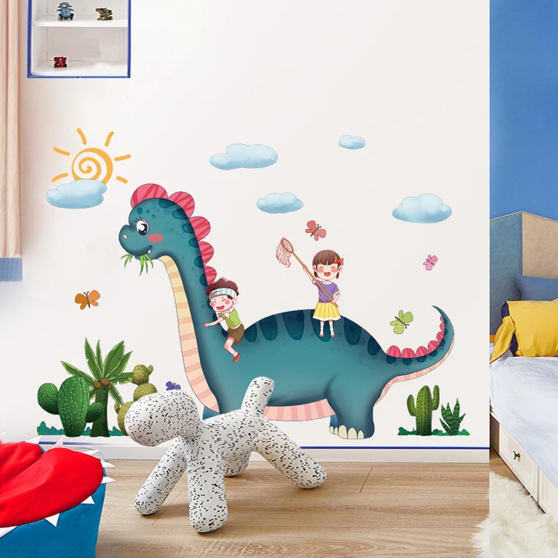 Dibujos animados de dinosaurios niños jugando etiqueta engomada de la pared creativos de los niños decoración de la habitación de dormitorio pegatinas infantiles auto-adhesivo de decoración para el hogar 1