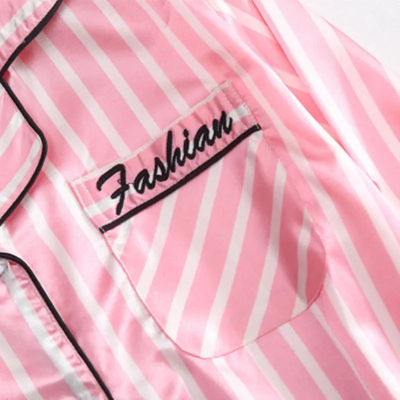 2020 Banda de color Rosa de las Mujeres de 7 Piezas Conjuntos de Pijamas de Emulación de Seda a Rayas de Pijama de las Mujeres ropa de dormir de los Conjuntos de Primavera Verano Otoño ropa de hogar 1