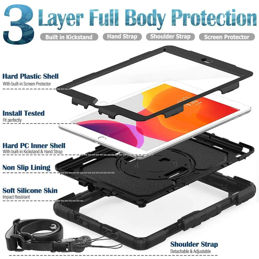 Para el iPad 8/7 de Generación de Casos De 360 Giratorio Resistente Soporte de la Correa de Mano de la Pantalla Protector de la Armadura de la Cubierta del Caso para el iPad 10.2 2020/2019 1