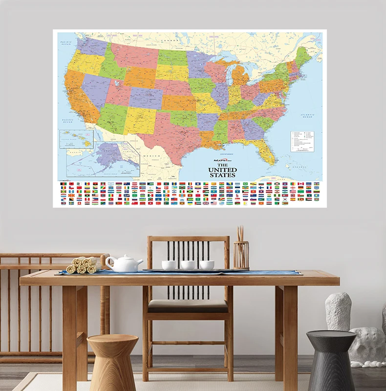 150x100cm No tejida Mapa de Los Estados unidos con Banderas Nacionales Detallado Mapa de América del Vintage de la Imagen de la Cultura de la Educación 1