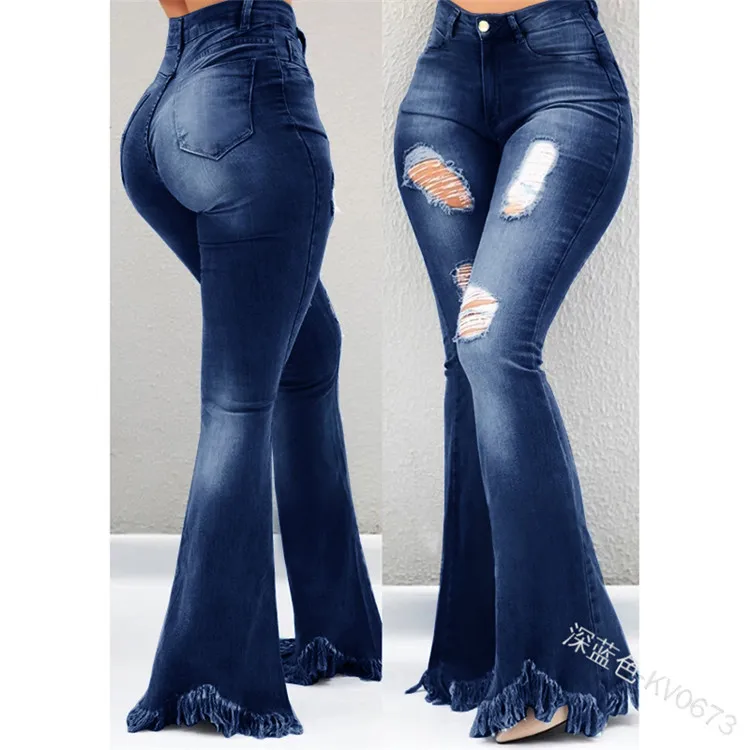 WEPBEL Jeans Casual Mujer Agujero Blanqueada Vintage de Cintura Alta pantalones Vaqueros de Moda de Color Sólido Tassled del Dril de algodón Pantalones Flare 1