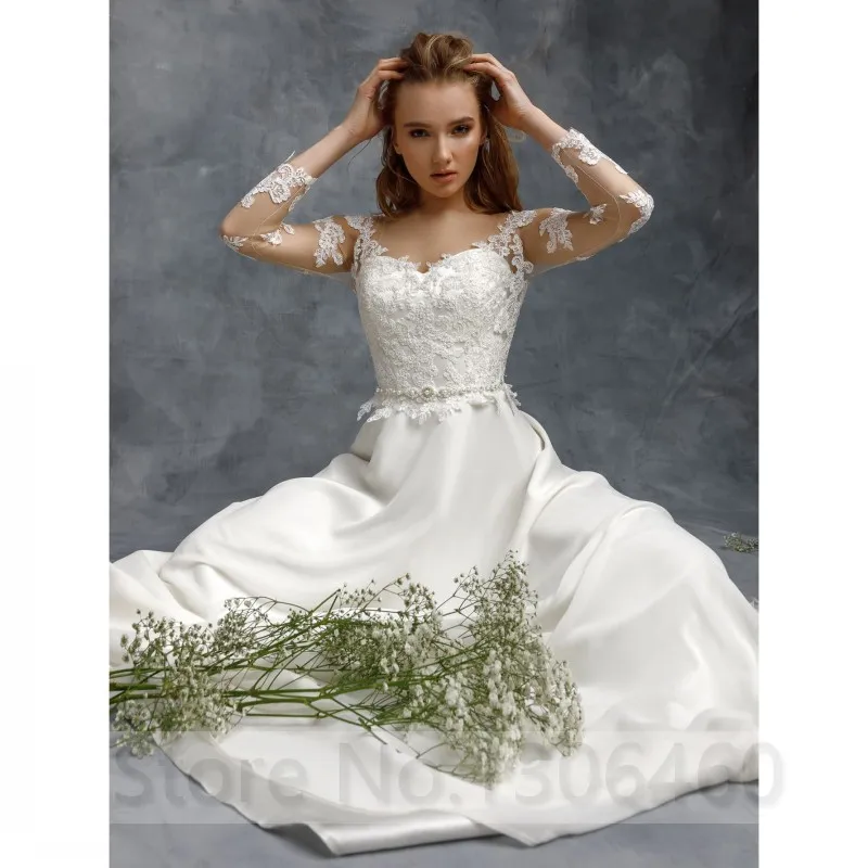 2020 Vestidos de Boda de la Gasa de Una Línea Pura O de Cuello de Manga Larga de los Vestidos de Novia Abalorios Apliques de Cinturón de Encaje Más el Tamaño de la Robe de mariée 1