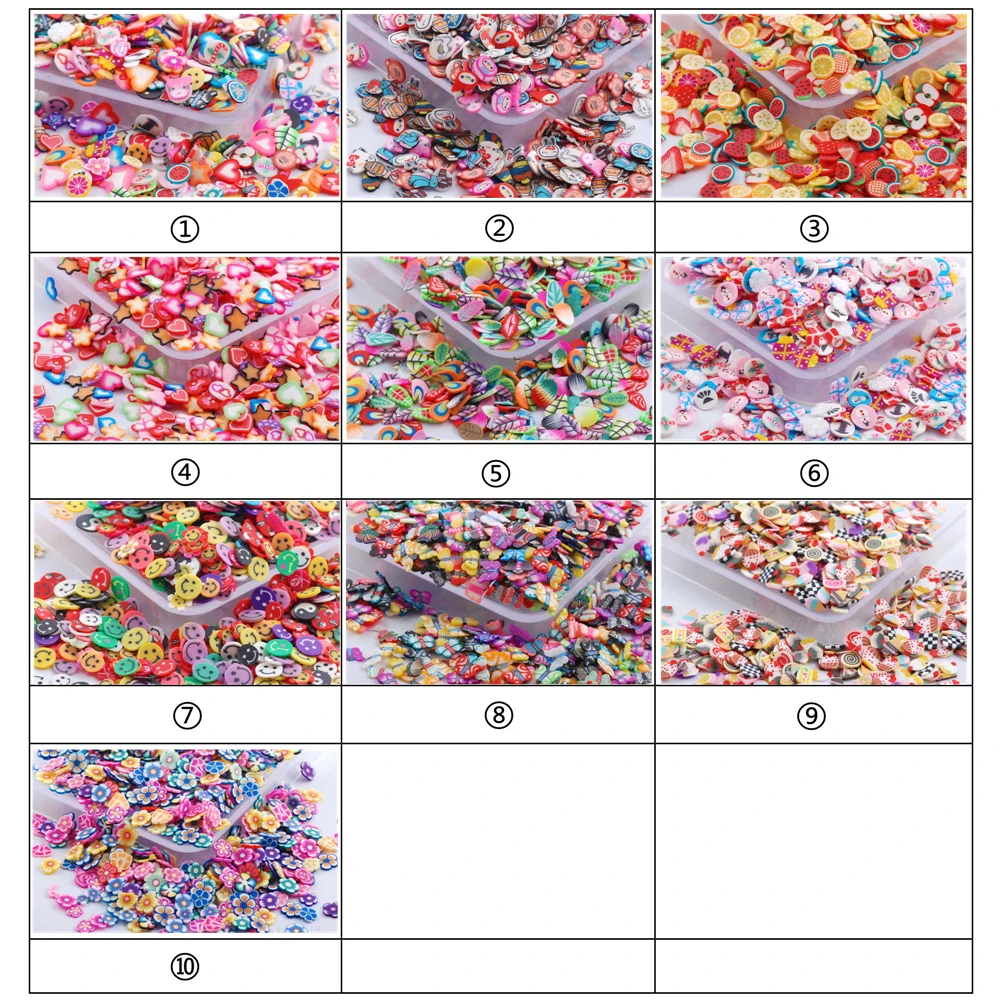 5000 pcs/lot Arte del Clavo 3D Fruto de la Flor de los Animales Rodajas de Arcilla de Polímero Copos de Decoración de la etiqueta Engomada del Clavo de 10 de patrones Para la Opción 1
