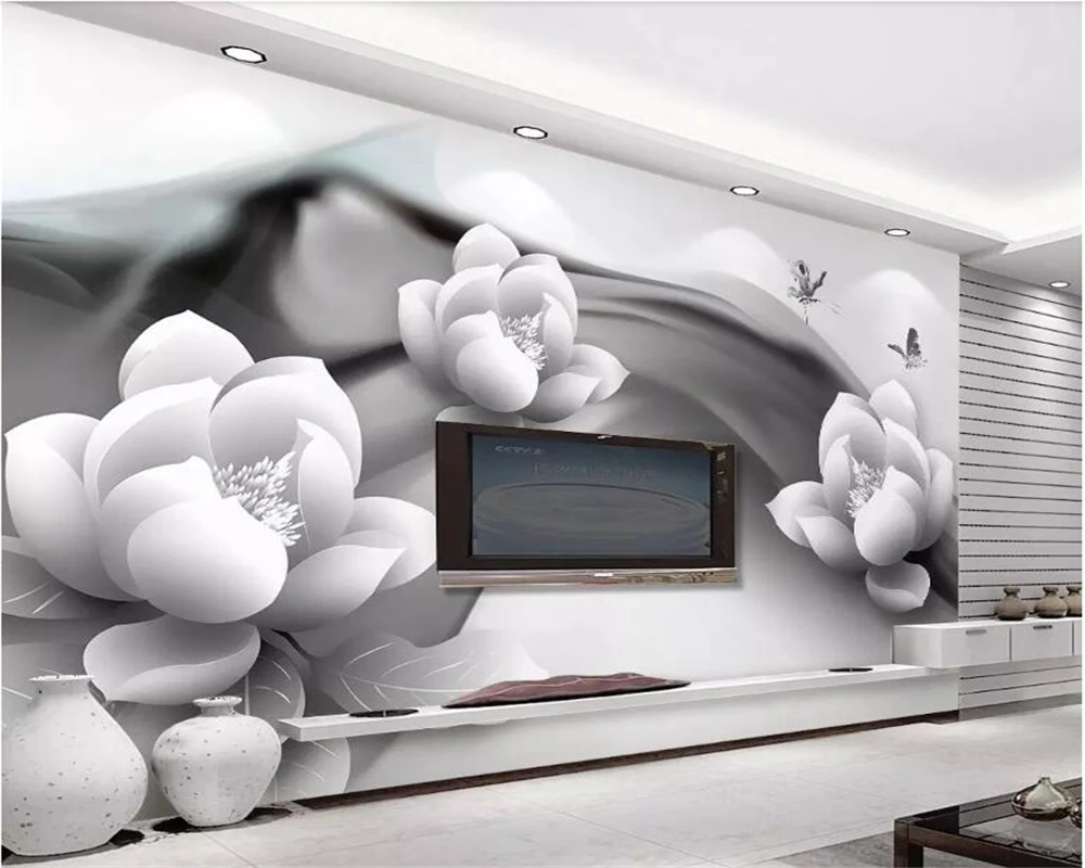 Beibehang Personalizados en 3D Mural de papel pintado en blanco y Negro tinta de loto de la mariposa Hotel Cafe de Fondo de papel tapiz para paredes 3 d tapeta 1