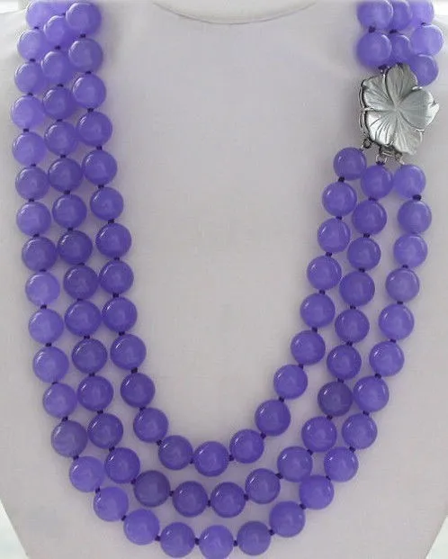 La moda 3rows 8mm de color púrpura de la ronda de calcedonia jades perlas del collar para las mujeres naturales de la cáscara de la flor broche de diy de la joyería de 17 19inch YE2099 1