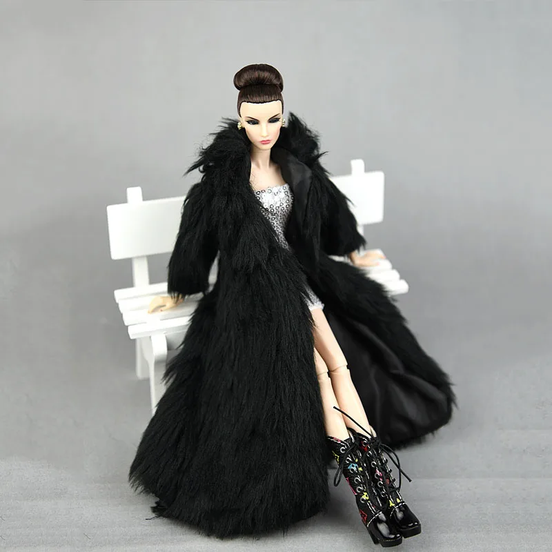 Conjunto De Invierno Super Pelo Largo Abrigo Negro Y Plateado Vestido Para Muñeca Barbie Ropa De Moda De La Parka Vestido De Traje De 1/6 De La Muñeca Accesorios 1