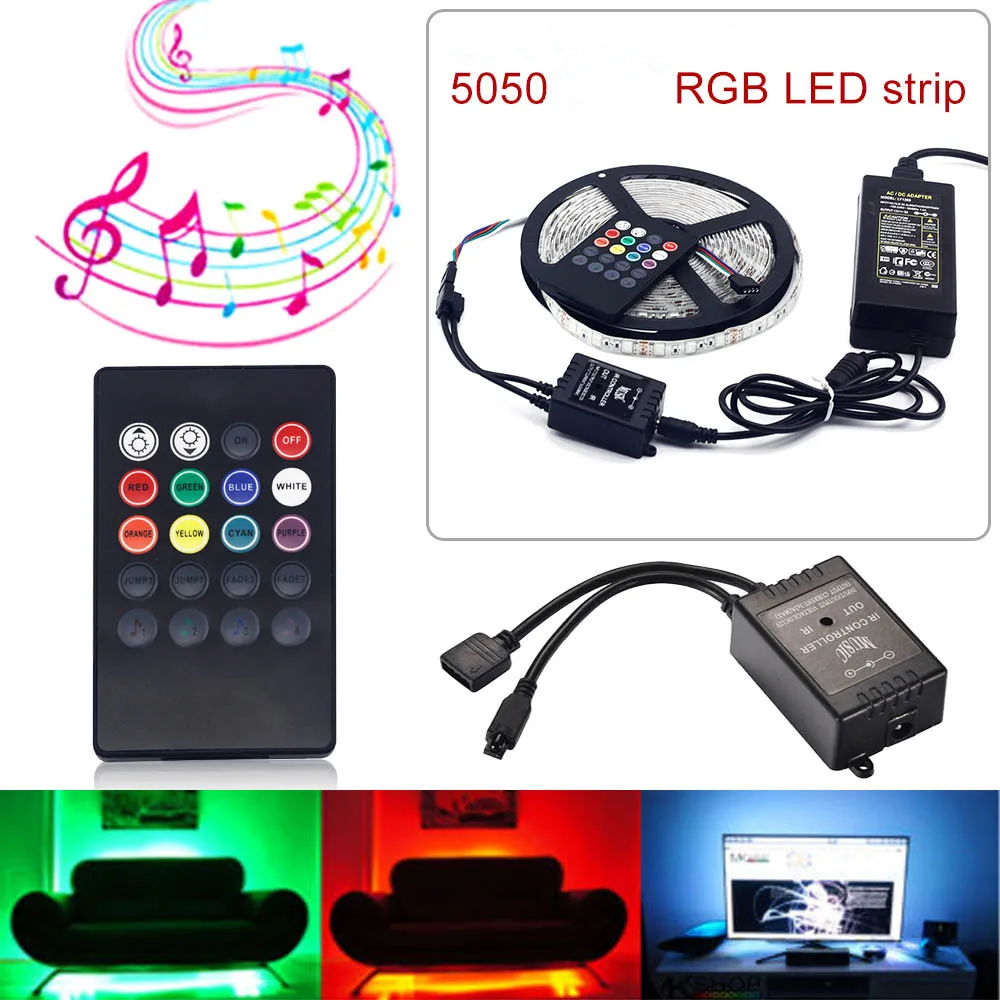 RGB LED Tira de Luz Flexible DC12V 5 m SMD5050 5m/rollo + 20 Claves de la música de INFRARROJOS del mando a distancia DC12V adaptador de la Decoración del Hogar de la Luz 1