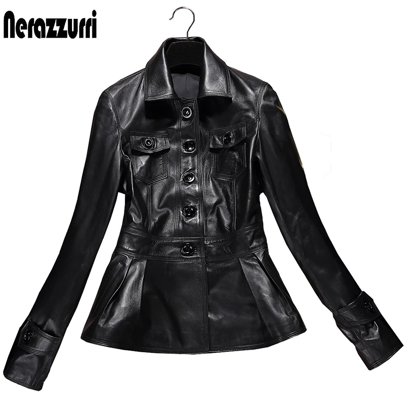 Nerazzurri Negro de cuero gabardina para mujer con muchos bolsillos de pecho solo los botones de manga larga tamaño Más delgado suave de la moda 1