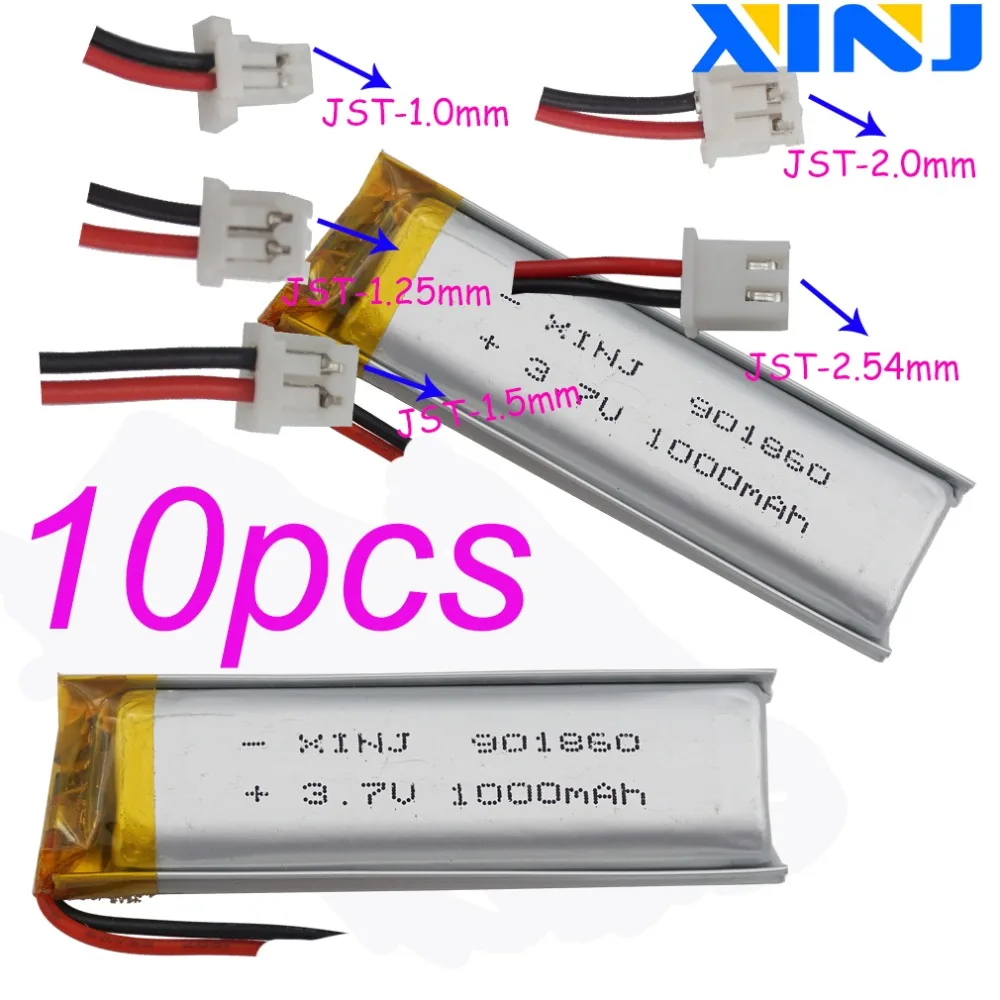 XINJ 10pcs 3.7 V 1000mAh Li Batería de Polímero de 2p 1.0/1.25/1.5/2.0/2.54 mm Para la Cámara del Coche de la navegación GPS del teléfono bluetooth 901860 1