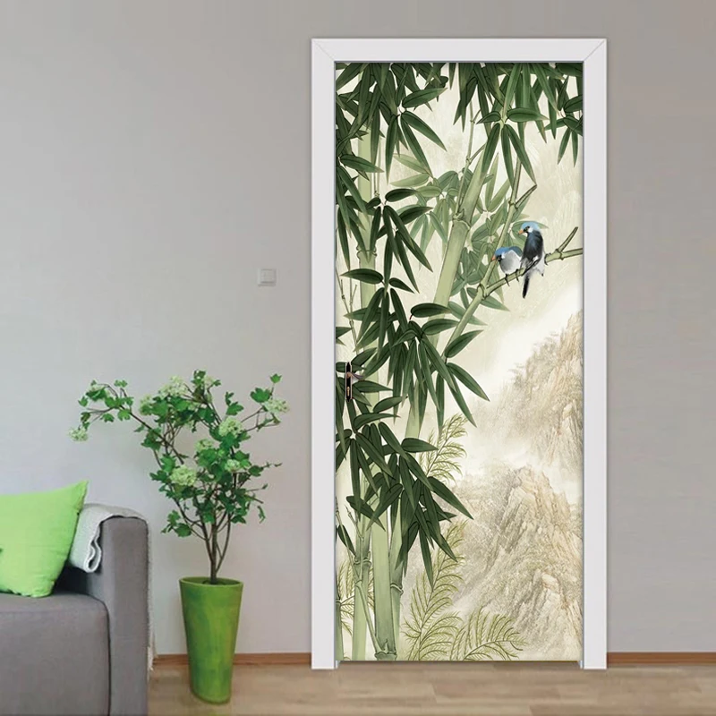 3D de la Puerta de la etiqueta Engomada de Murales de papel Tapiz Pintado a Mano de Bambú de Aves de Bosque de Imagen de vinilos Dormitorio Sala de estar de la Puerta Pegatinas de Decoración para el Hogar 1