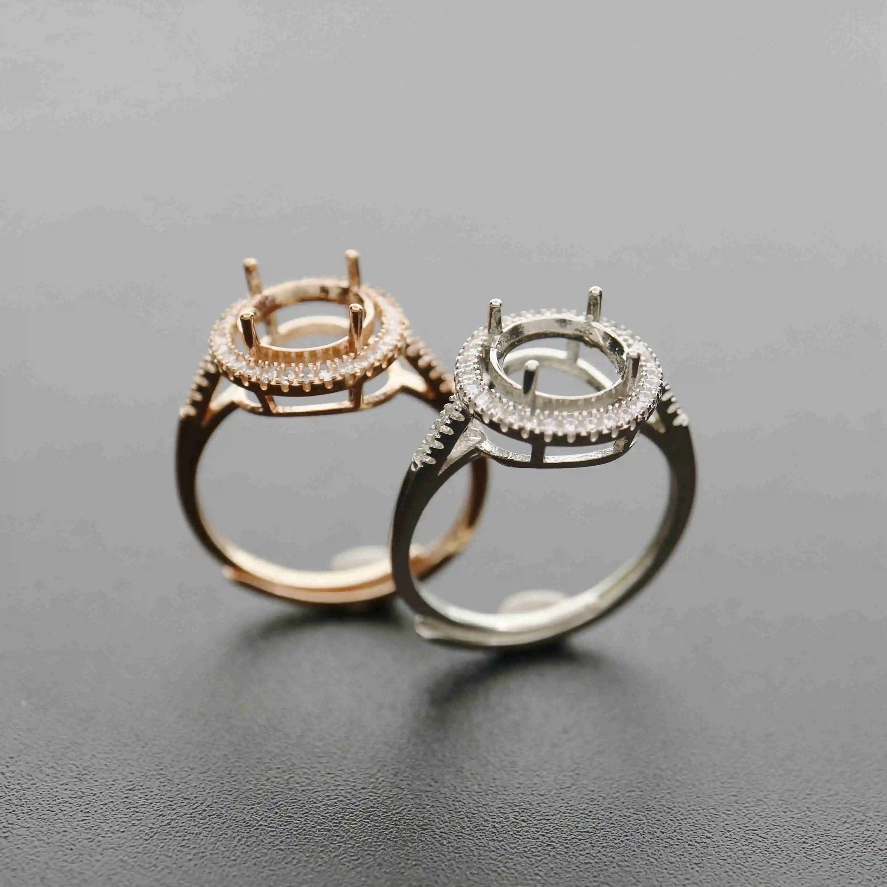 6-10MM ronda de oro rosa de plata Joyas CZ piedra puntas bisel sólida plata de ley 925 anillo ajustable configuración 1210031 1