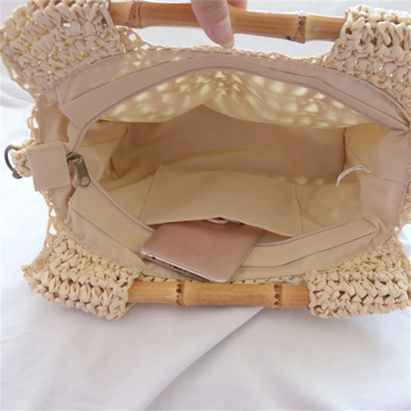 Moda mango de bambú paja bolsas de diseñador de las mujeres bolsos de lujo de mimbre tejido de hombro bolsas de playa de verano de ratán bolsos grandes de asas 1