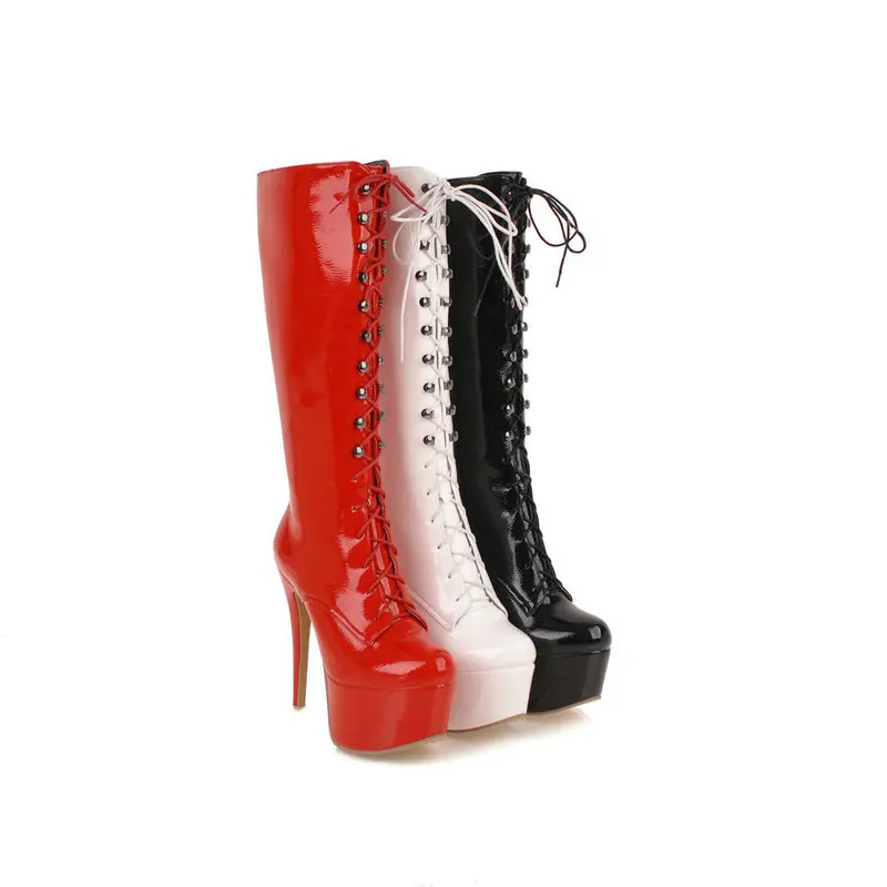 NEMAONE 14cm super zapatos de tacón alto rodilla botas altas de mujer rouned toe de plataforma negro blanco rojo de encaje hasta las señoras botas de fiesta zapatos de mujer 1