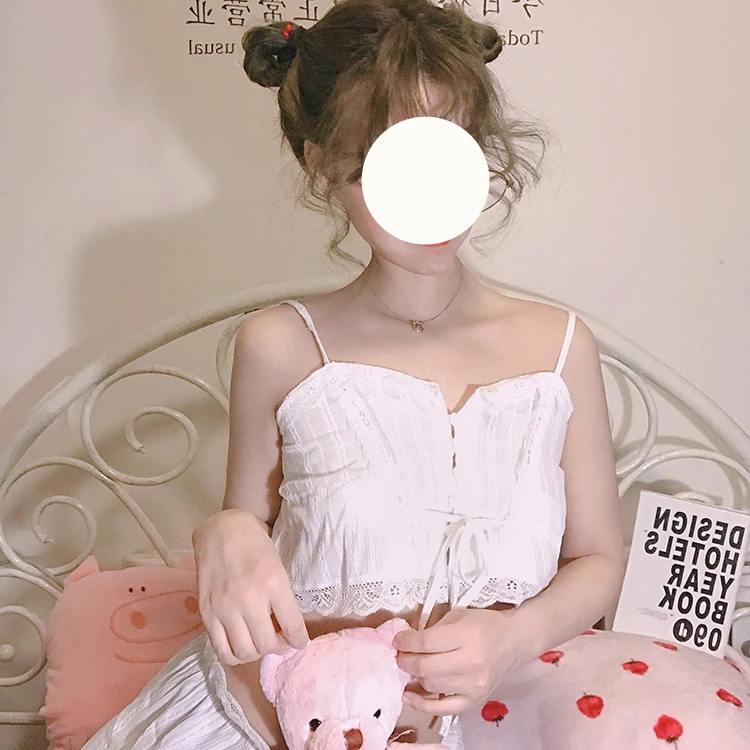 El ocio de las Mujeres de la Correa de la Crop Tops cortos de Estilo coreano Kawaii de Encajes Volantes Chica Lolita Japonesa Blanco Lindo de los Hombros Fuera de Set de Dos piezas 1