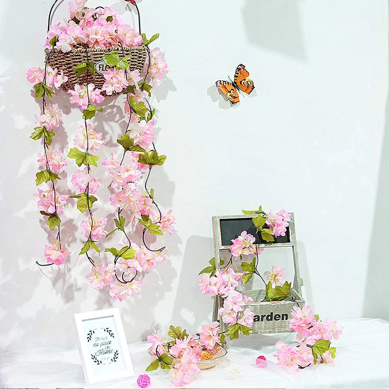2.2 m Artificiales Flores de Cerezo de Seda de la Flor Guirnalda de Ratán Vides DIY Manualidades de Boda DIY Hogar Decoración de la Pared del Partido a Favor de las 1