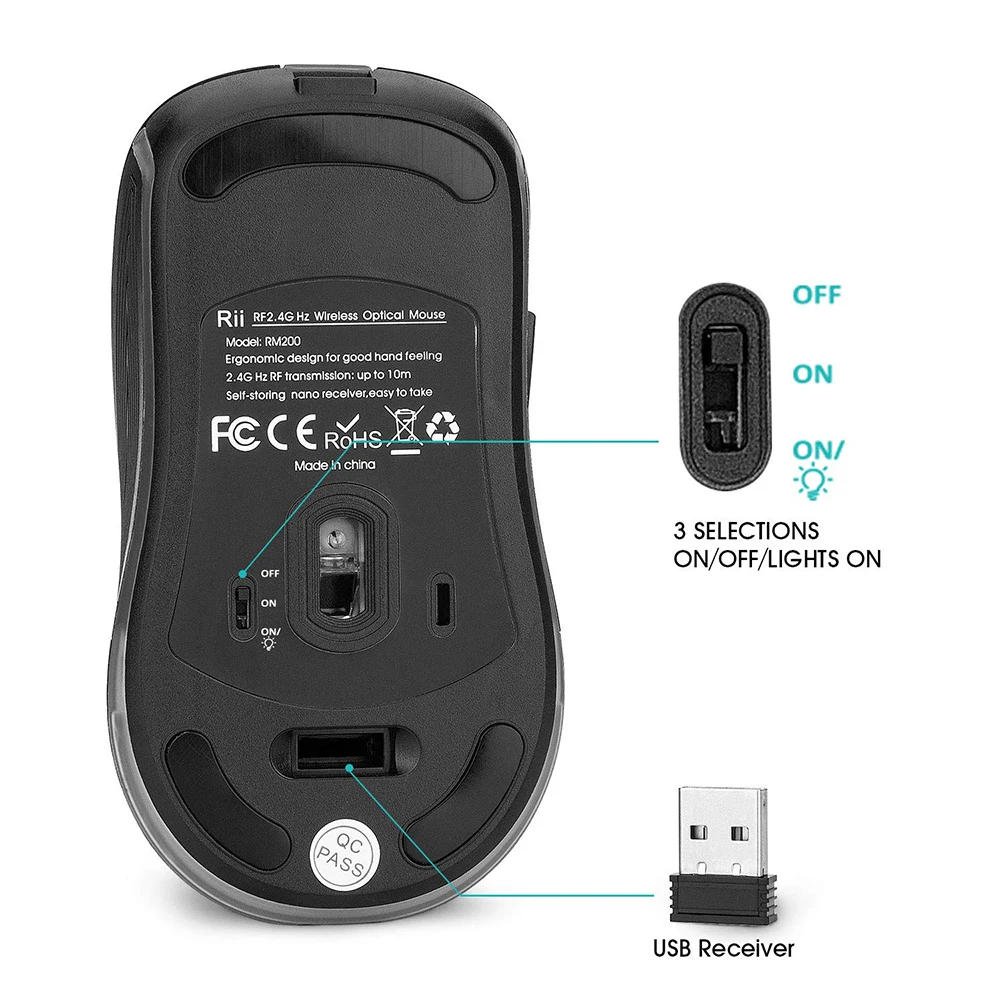 Rii RM 200 1600 DPI Óptico USB Inalámbrico de Ratón de Ordenador con Retroiluminación 2.4 GHz Wireless Gaming Mouse para Mini PC Portátil 800/1200/1600DPI 1