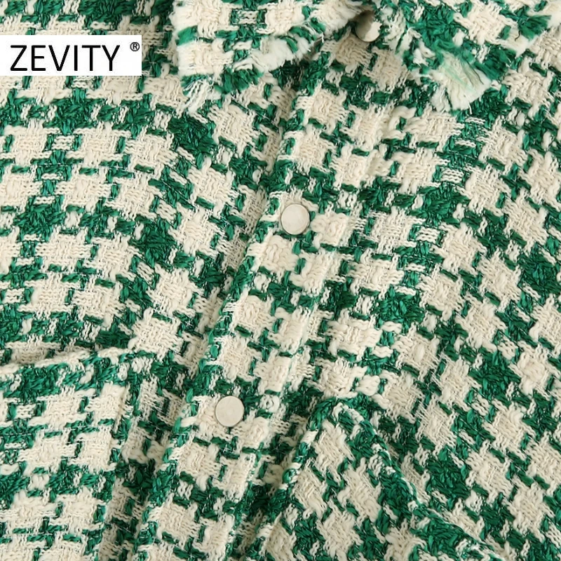 Zevity Nuevo Otoño de las Mujeres de la Vendimia de la tela Escocesa de Impresión Camisa de Lana Abrigo de Señora de Manga Larga Bolsillo de Parche Borla Chaqueta Casual Chic Tops CT602 1