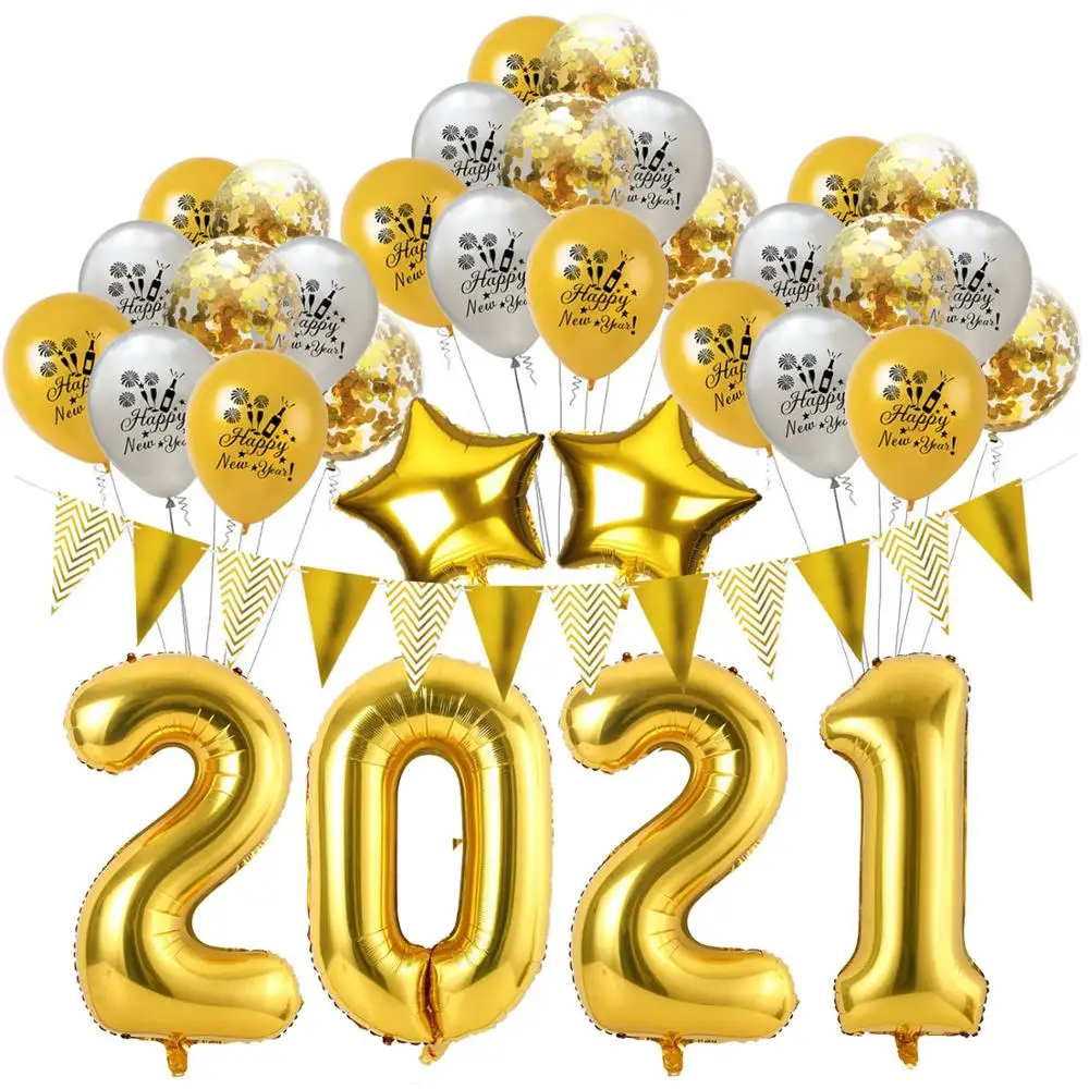 34Pcs/Set dorado y Negro, globos de Látex Feliz Año Nuevo 2021 Balón de Año Nuevo, Víspera de la Fiesta de las Vacaciones de la Fiesta de Navidad de la Decoración de Suministros 1