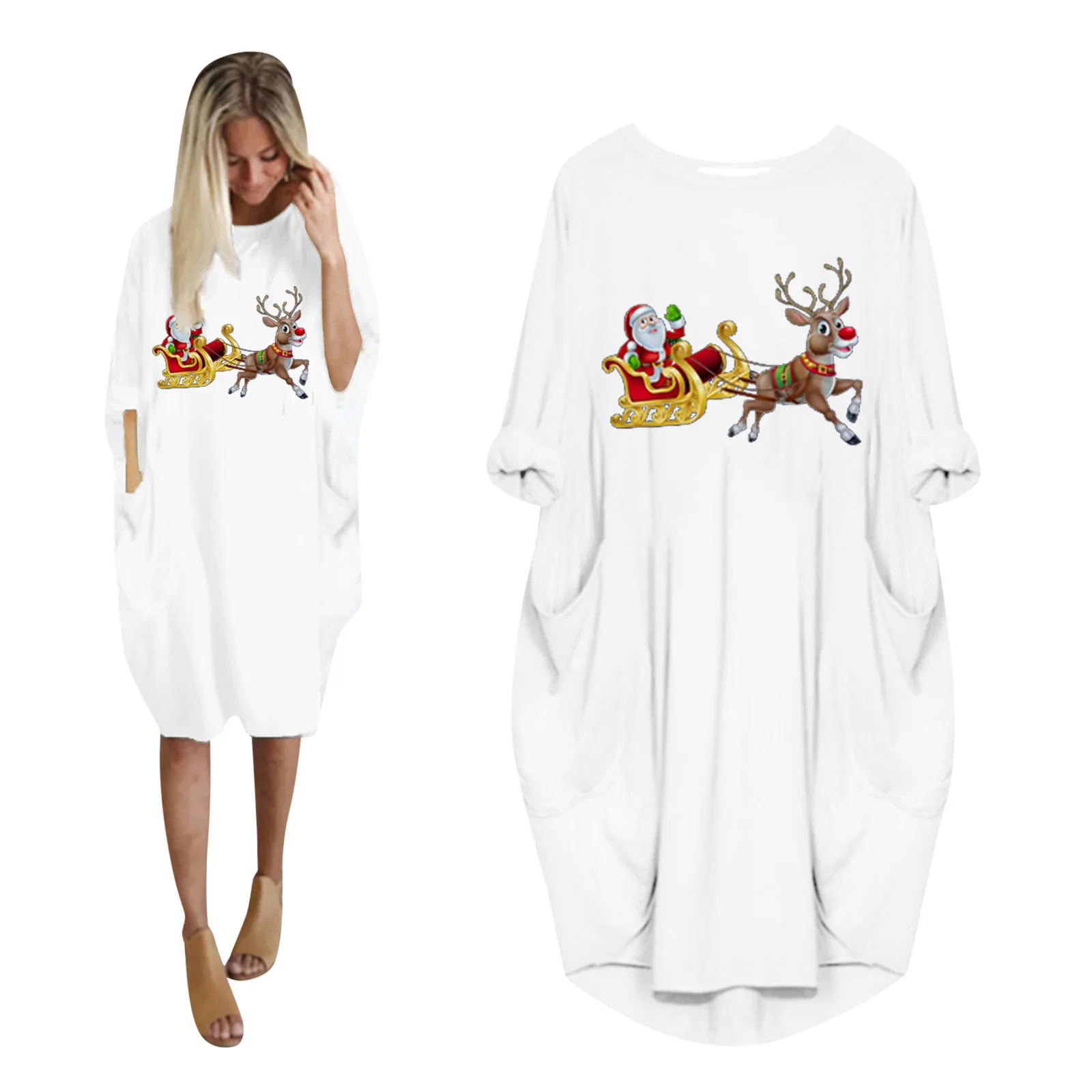 La Mujer de Moda de Invierno Plus Tamaño Suelto O-Cuello de Bolsillo de Navidad Impreso Vestido de 2020 Otoño Vestidos Para las Mujeres F Buque Rápido 1