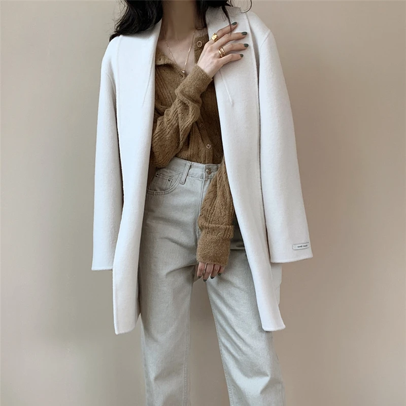 La mujer, Abrigos de Lana Otoño Invierno Minimalista V-cuello Recto Cinturón de Mujeres Abrigo coreano Elegancia Simple OL Mujer Abrigo Tops 1