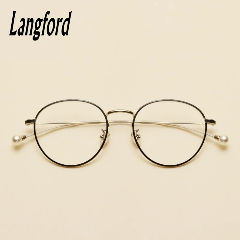 Langford marca ronda vintage gafas de marco óptico de marcos de anteojos para las mujeres de oro grande de anteojos de marcos del espectáculo diseños de la perla de la pierna 1