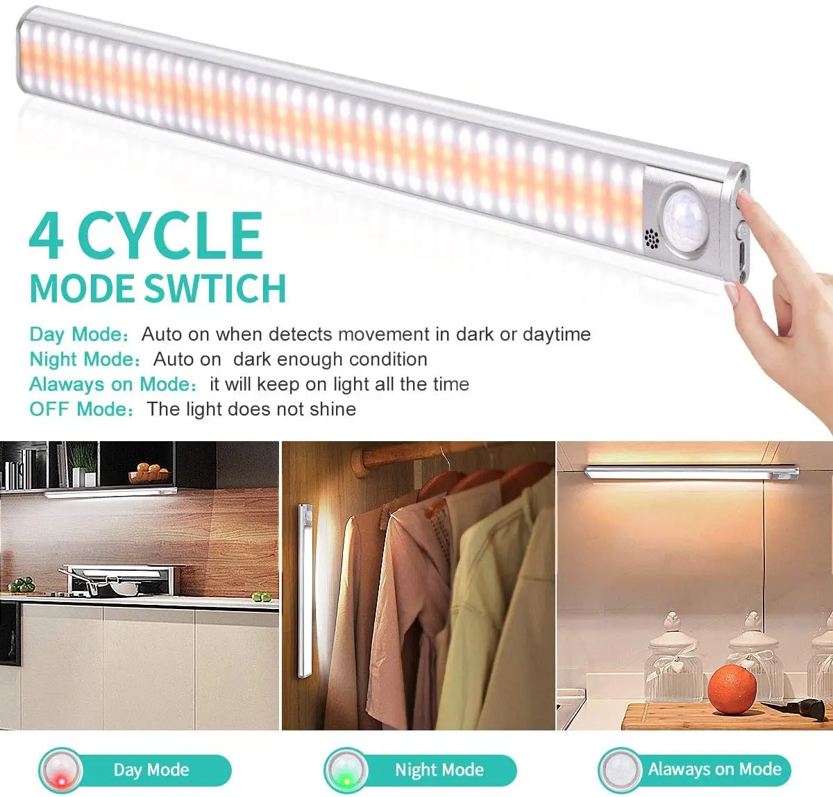 Luz de Noche LED con Sensor de Movimiento Gabinete Luces Wireless USB Armario de 3 Luces de Color ajustable del brillo de la Lámpara para el Armario de la Cocina 1