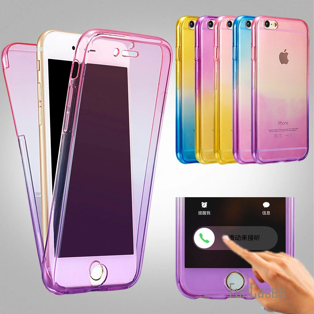 Para el iPhone 6 6 Plus 5 5s Gradiente de colores Espalda+Frontal Transparente de TPU Suave Toque de Caso completo de Cuerpo de Protección de Silicona Claro Caso 1