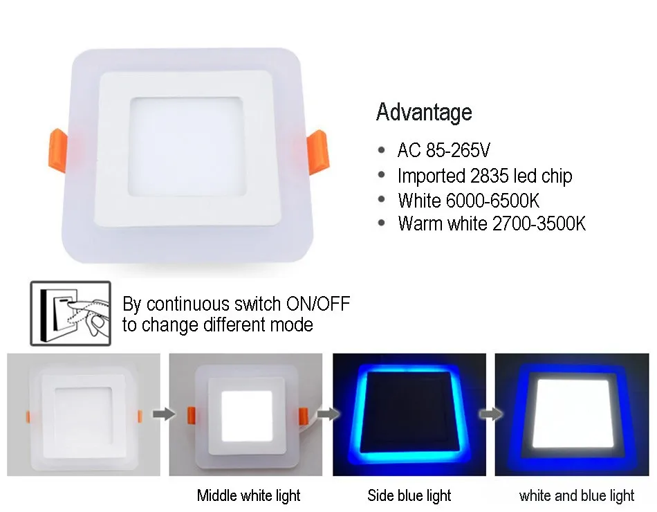 Fábrica al por mayor Blanco + RGB LED de Luz del Panel de Control Remoto y de 6w/9w/16w/24W LED Empotrable de Techo downlight el Panel de Acrílico de la Lámpara 1
