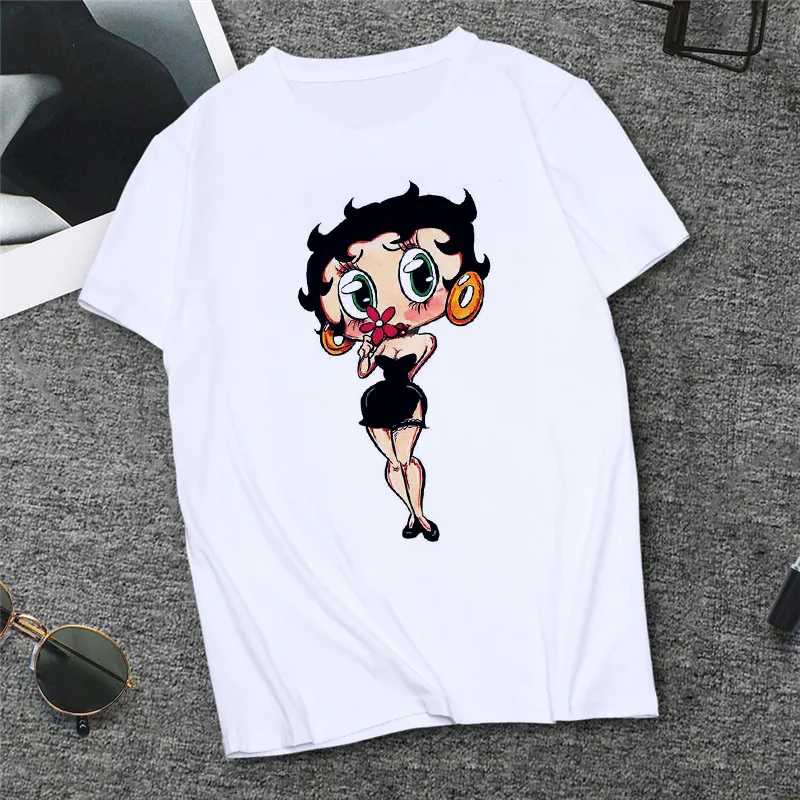 Las mujeres de la camiseta Blanca de Betty Boop de Impresión Verano Casual O-la parte Superior del cuello de la Hembra de la Camiseta de Harajuku Streetwear Más el Tamaño de Ropa de Mujer T-Shirt 1