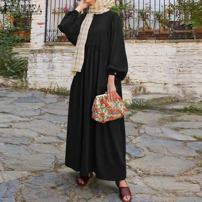 Retro Vestido de Musulmán las Mujeres Abaya Turquía Hiyab Vestido ZANZEA Casual Largo Puff Manga Sólido Vestido Islámico Ropa Dubai Túnica 5XL 1