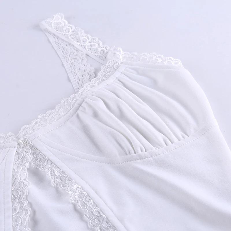 Único Botón Fruncido Camis Sexy De Empalme Blanco De Verano Camisola De Damas Casual 2020 De La Moda Recorta La Parte Superior De Encaje De Las Mujeres Camis 1