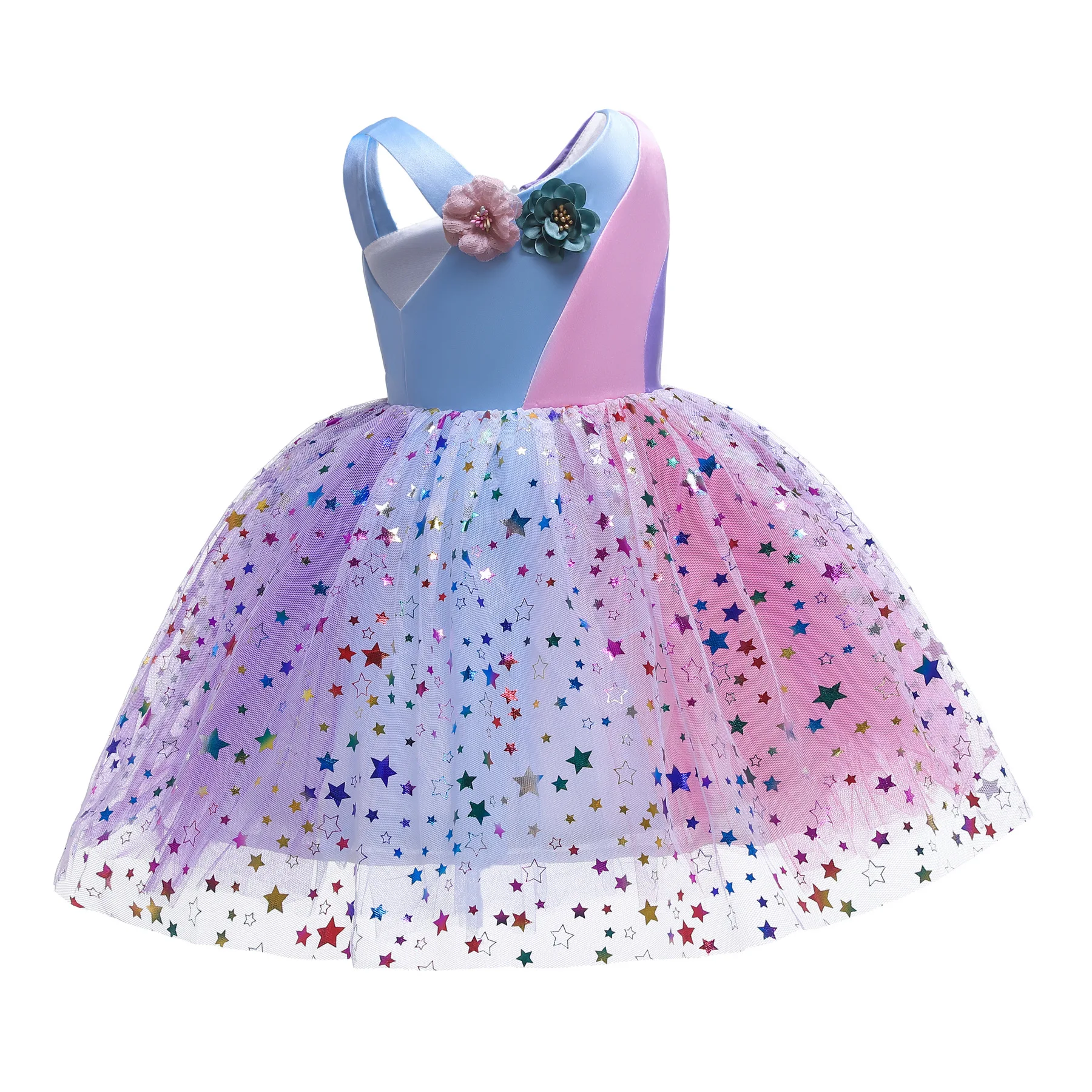 Bebé de Verano de las Niñas Vestidos de Ropa de Niños Vestido de Flores arco iris de coincidencia de color de Traje de Navidad Fiesta de Baile Ropa de Boda 1