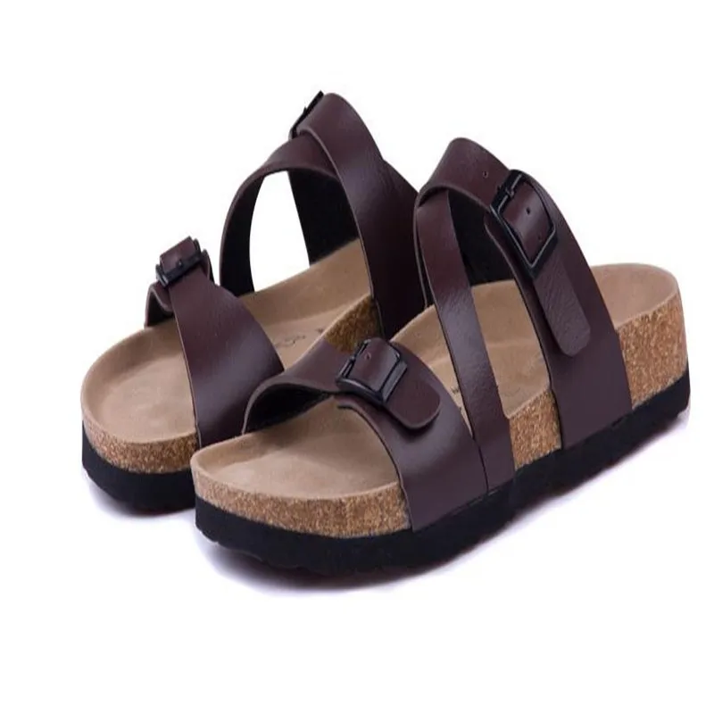 2019 Nueva Moda Masculina de Corcho Zapatillas Sandalias de Verano los Hombres de Retazos de la Playa de Diapositivas de Doble Hebilla Sandalias Zapato marrón negro 1