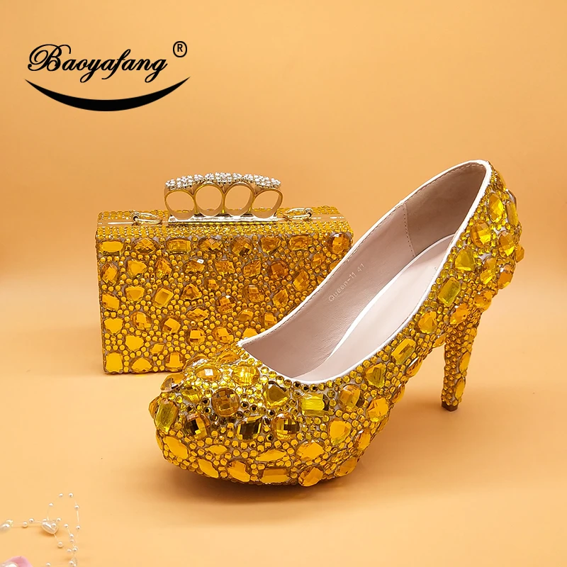 De oro de diamantes de imitación de la Mujer zapatos de la boda a juego con bolsos de mujer zapatos de tacón alto zapatos de plataforma de Cristal Bombas del Dedo del pie Redondo de la Moda de los Zapatos 1