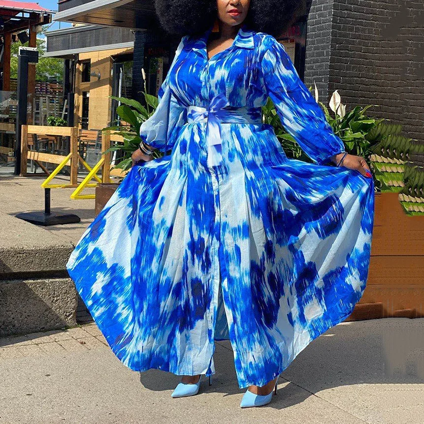 Las Mujeres africanas de Gran Tamaño Vestido de 4xl 5xl Azul de Impresión de Manga Larga de Otoño Solo Pecho Cintura Alta 2020 Elegante Vestido de Fiesta de Noche 1