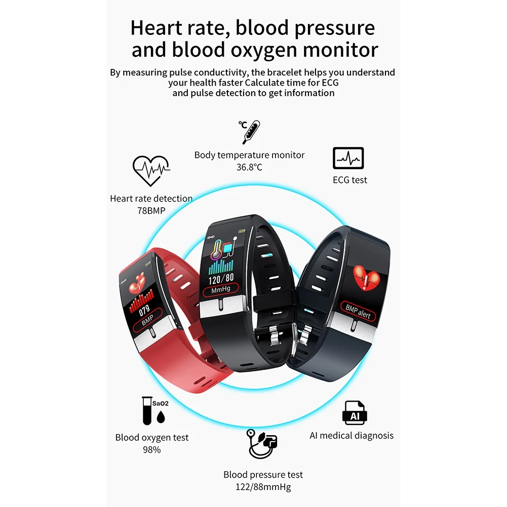 Fitness Tracker Pulsera E66 la Temperatura del Cuerpo ECG Inteligente de Pulsera con Monitor de Ritmo Cardíaco Reloj Inteligente de Control de Música del Deporte de la Banda 1