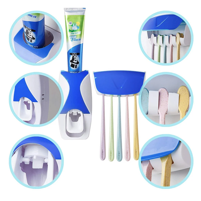 2Pcs Titular de Cepillo de dientes Conjunto de Accesorios de Baño Montado en la Pared Automático Dispensador de Pasta de dientes Exprimidor de la Decoración del Hogar Accesorios 1