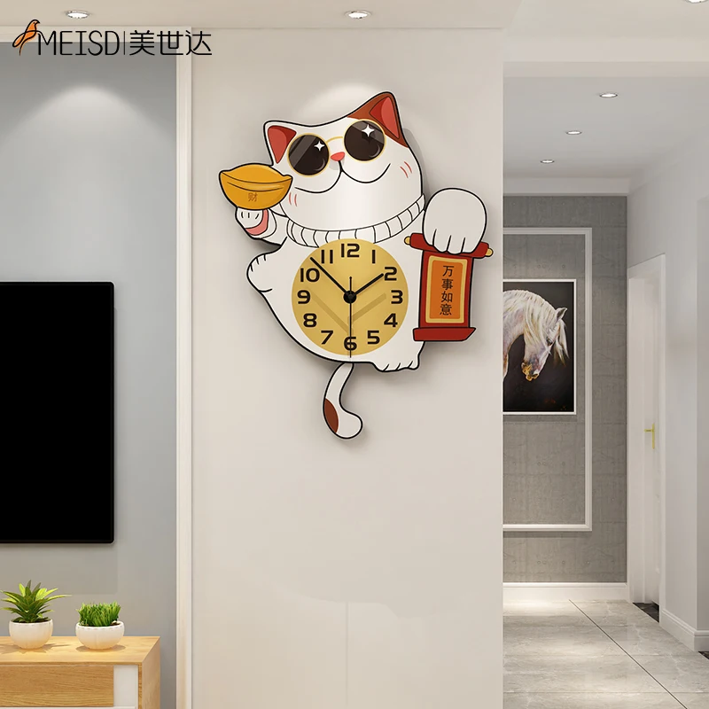 MEISD Nuevo Año Fortuna Gato Decorativo Reloj de Péndulo de la Cola Creativo Reloj Grande de Cuarzo Silenciosa Sala de estar Horloge Envío Gratis 1