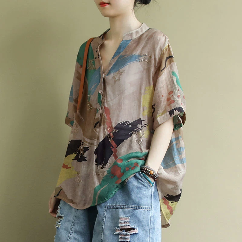 2020 de Artes de Verano de Estilo de las Mujeres de Manga Corta Floja V-cuello de Camisas de la Impresión del Vintage de Algodón Casual Blusas Plus Tamaño de la Femme Blusas M87 1