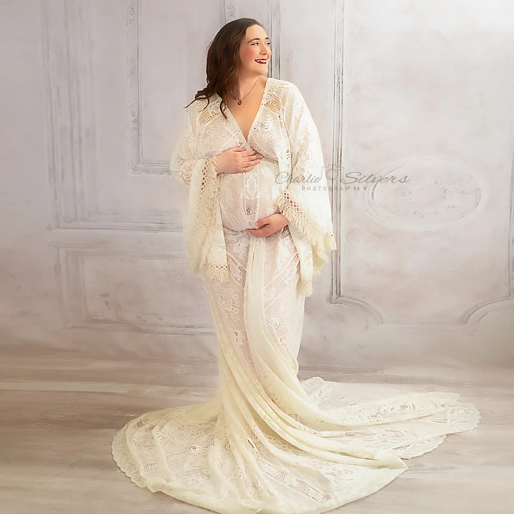 Bohemio Largo Mangas de Campana Vestido de Maternidad Embarazada Vestido de Encaje de la Túnica Kaftan de alta Costura para la Mujer de la Fotografía de la Proposición de la Ducha del Bebé Vestido de 1