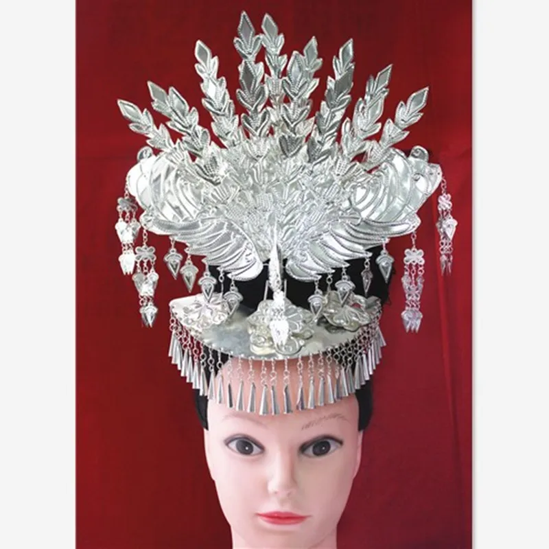 Las mujeres miao ropa de plata la cabeza de la decoración de la horquilla miao sombrero minoría danza del pavo real de los accesorios de la minoría de cosplay desgaste de la cabeza 1