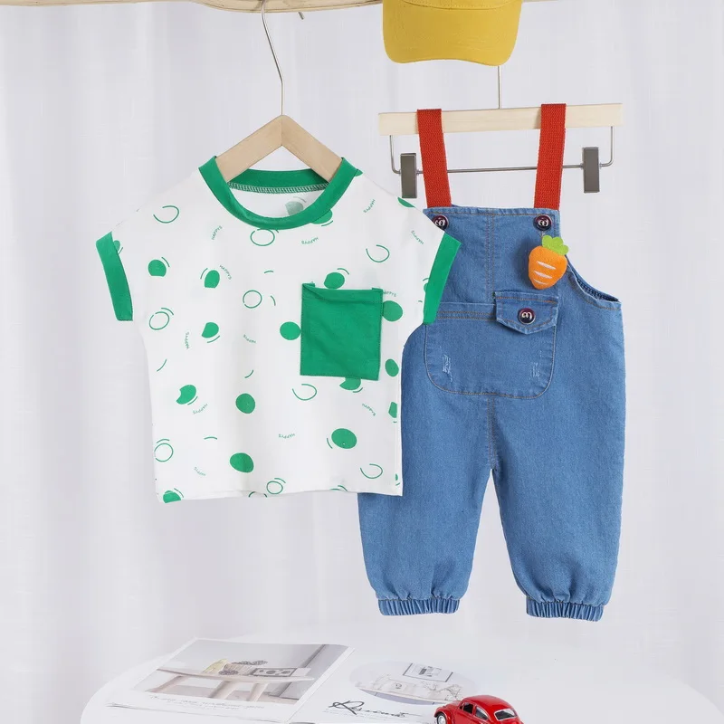 El verano de los Niños de la Ropa del Traje de Bebé Niño de Manga Corta T-shirt +Zanahoria del Dril de algodón de la Correa de Niños de pantalones Cortos de Niño 2Pcs Conjunto de Traje 1