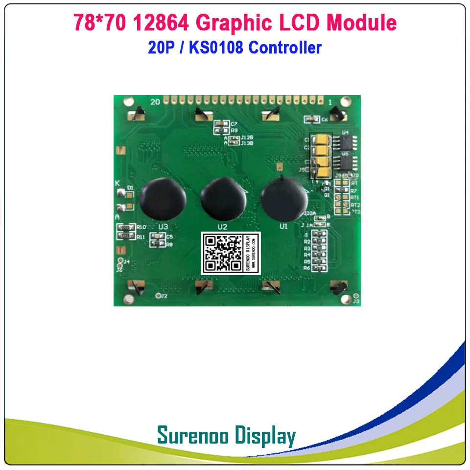 78X70MM 12864 Gráfico de la Matriz Módulo del LCD de la Pantalla de Visualización de construir-en el Controlador KS0108 Amarillo Verde Azul LCD con Retroiluminación LED 1