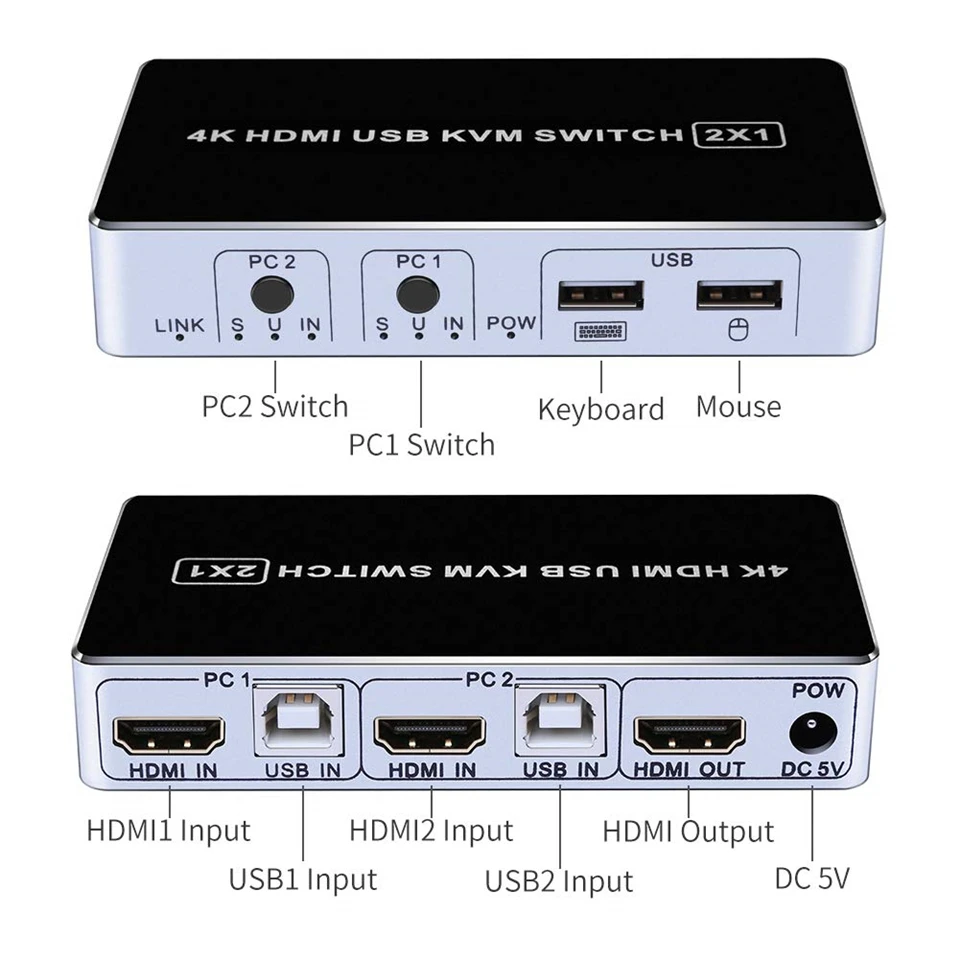 2020 Mejor 4K 60Hz HDMI Conmutador KVM 4K HDMI USB Switch de 2 Puertos Conmutador KVM USB Switcher 3D KVM HDMI 2.0 Teclado Ratón para PC Portátil 1