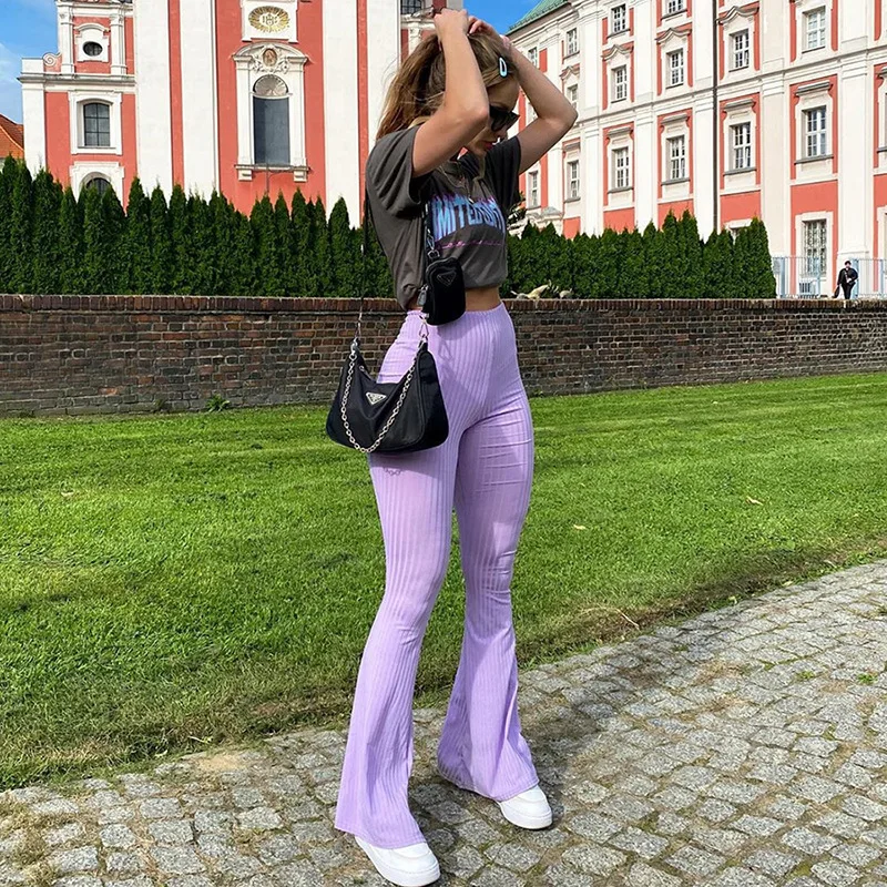 Moda sexy 2020 caliente tejido púrpura de las Mujeres Pantalones de Calle Pantalones de Cintura Alta Streetwear Pantalón Casual Femme Otoño 1