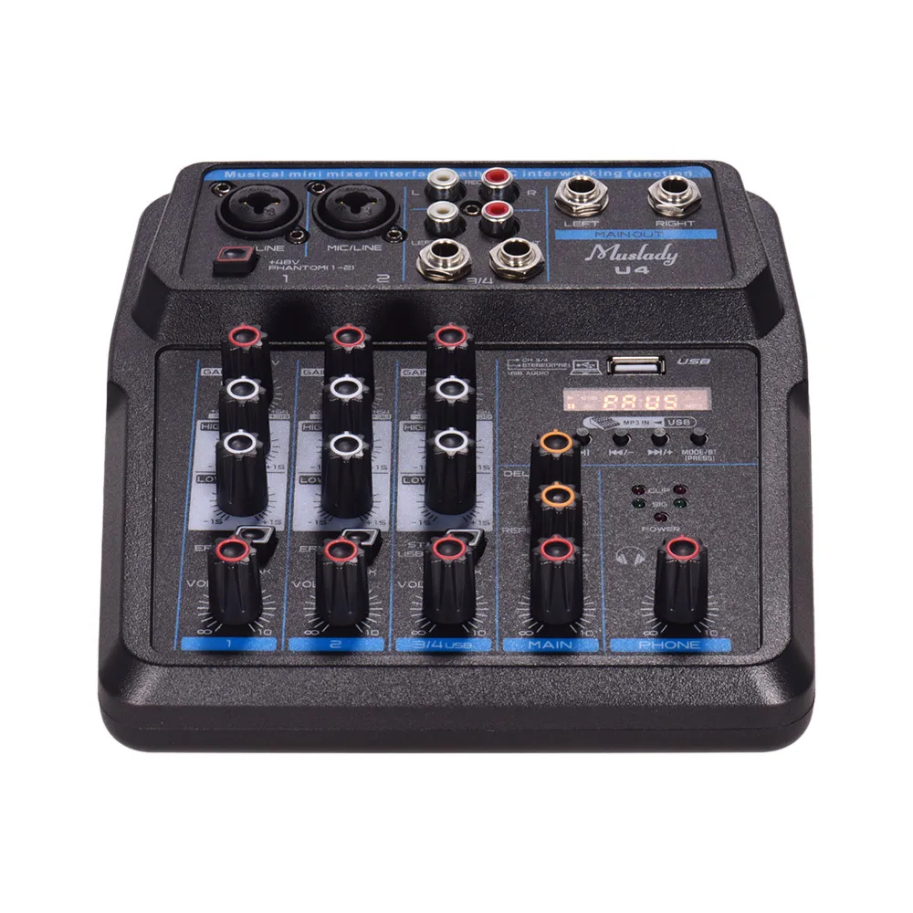 U4 Portátil de 4 Canales de Mezclador de Audio BT USB de la Consola de Mezcla con Tarjeta de Sonido Integrada en la Alimentación Phantom de 48V de la UE/US Plug 1