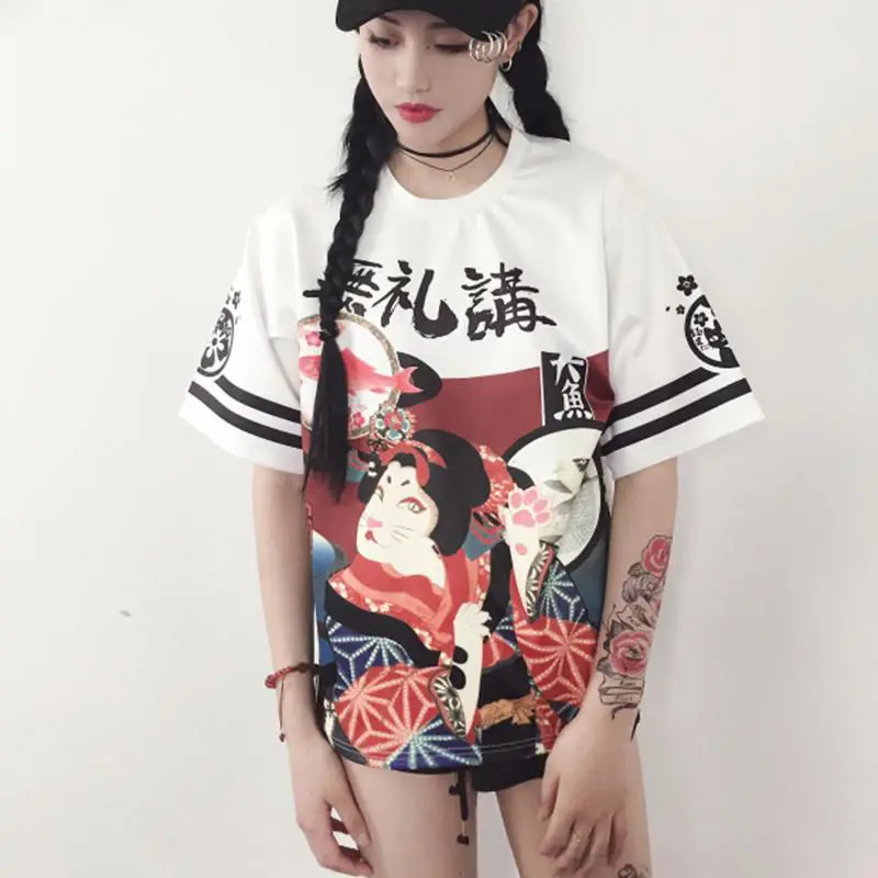 Genki Girl Japonés Estilo de la Calle Exagerada de Impresión Suelta la camiseta Estudiante Adolescente Tapas de la Carta de Harajuku de Tela 1