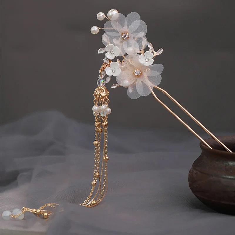 FORSEVEN Retro Tradicionales Flores de Cristal Perlas Simuladas Largo de la Borla Horquillas del Pelo Palo Clips de Novia de China de Accesorios para el Cabello 1