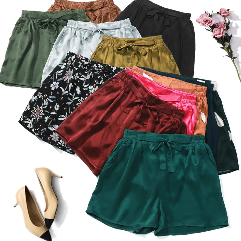 Pura Seda de la Mujer pantalones Cortos de colores sólidos con bolsillos con correa en 15 colores de un tamaño JN429 1