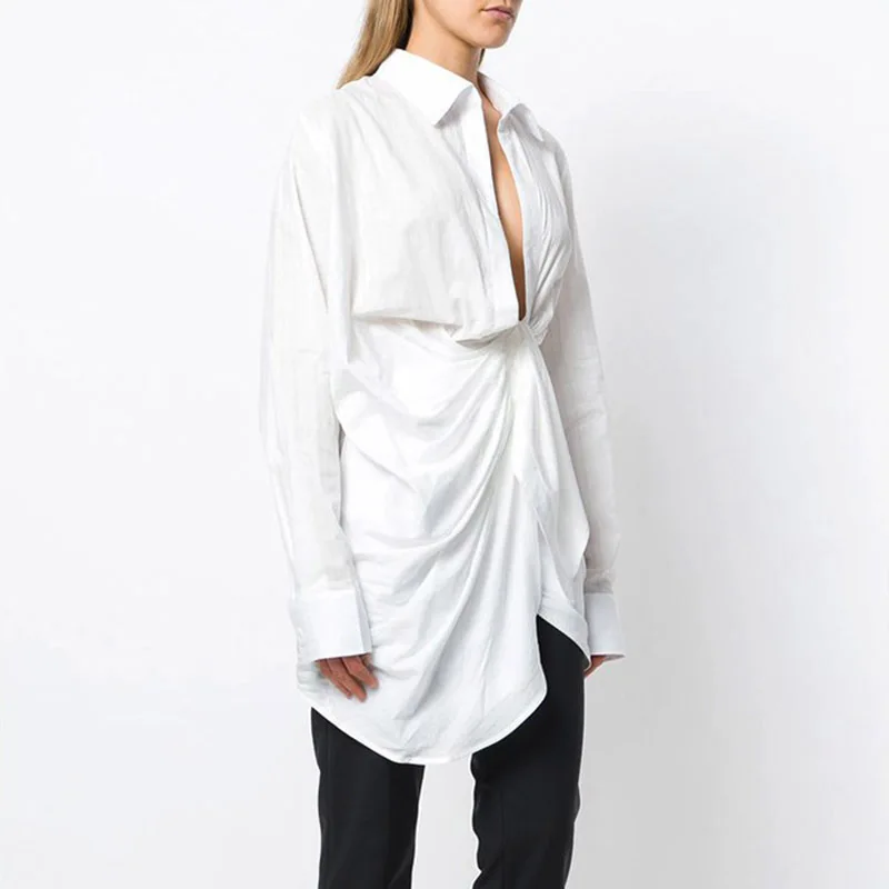 TWOTWINSTYLE Pliegues de la Camisa de las Mujeres de Encaje de Manga Larga Irregular Blusa Blanca de Gran Tamaño 2020 Primavera Mujer Sexy Ropa de Moda 1